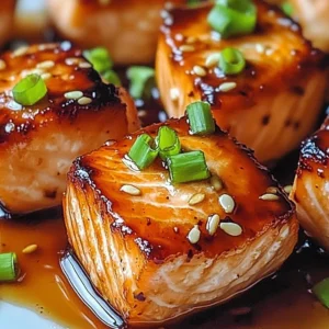 Plate of honey garlic salmon bites drizzled with sauce and garnished with herbs