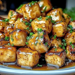 Delicious honey mustard chicken cubes served on a plate