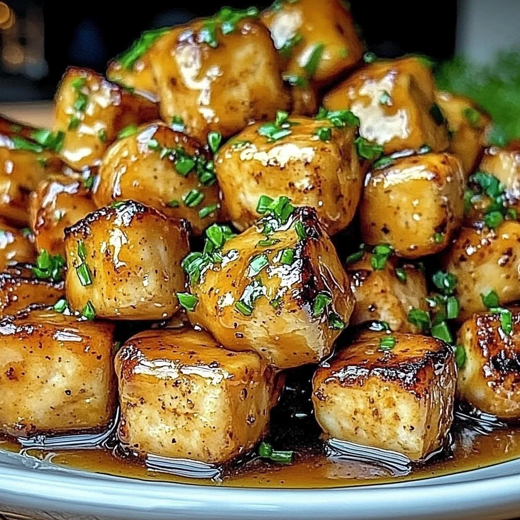 Delicious honey mustard chicken cubes served on a plate