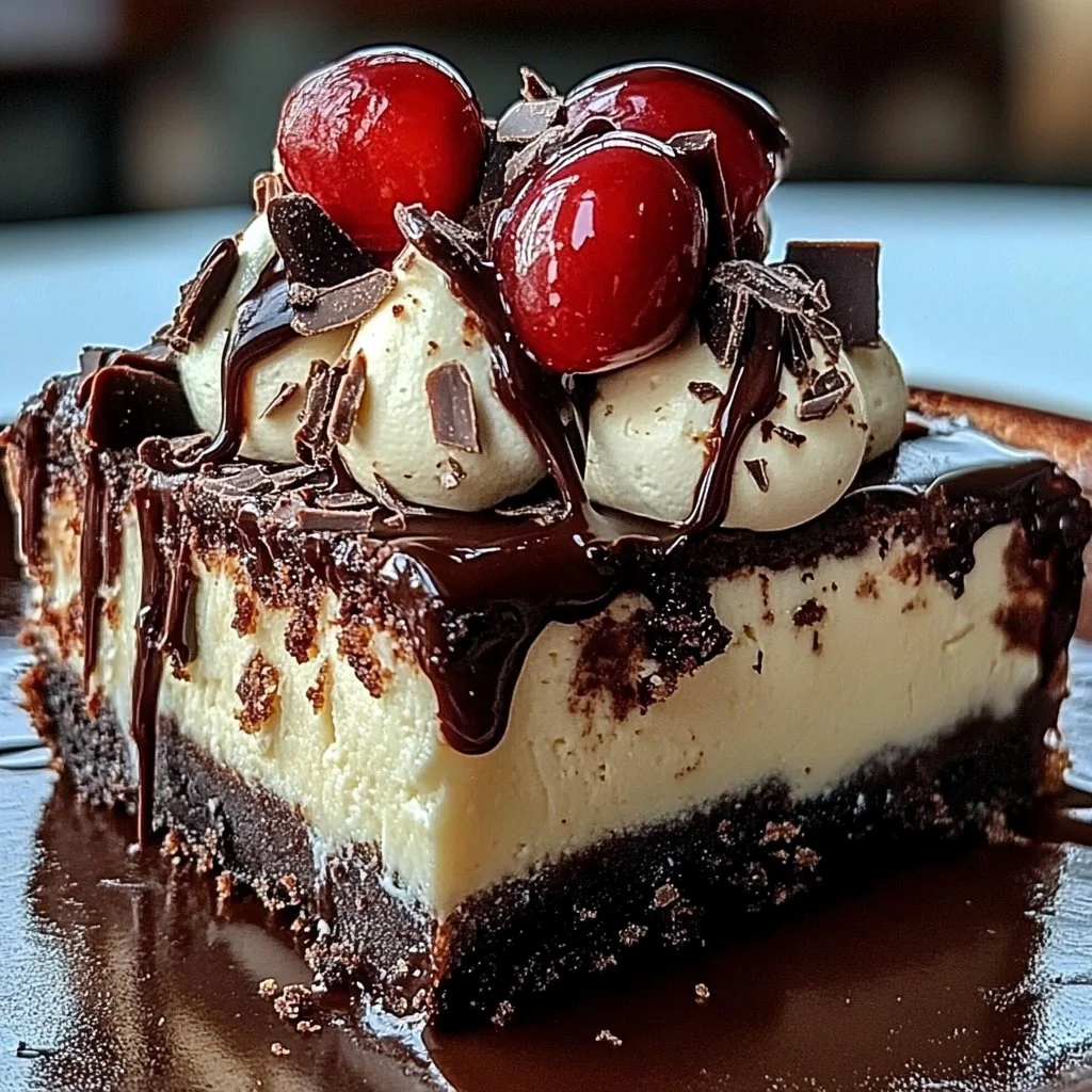 Delicious hot fudge sundae brownie cheesecake with chocolate sauce and whipped cream