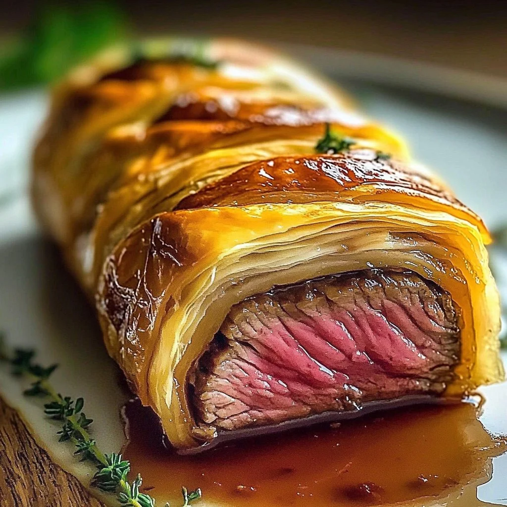Irresistible juicy Beef Wellington ready for serving, showcasing flaky pastry and tender beef