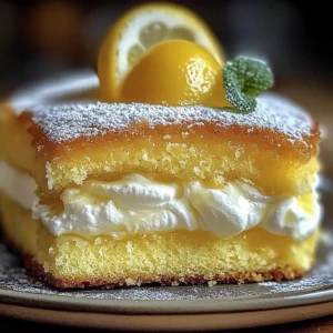 Slice of limoncello mascarpone cake topped with lemon zest and mint leaves