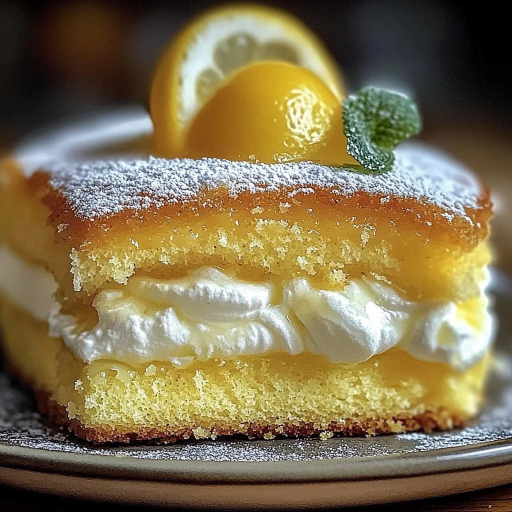 Slice of limoncello mascarpone cake topped with lemon zest and mint leaves