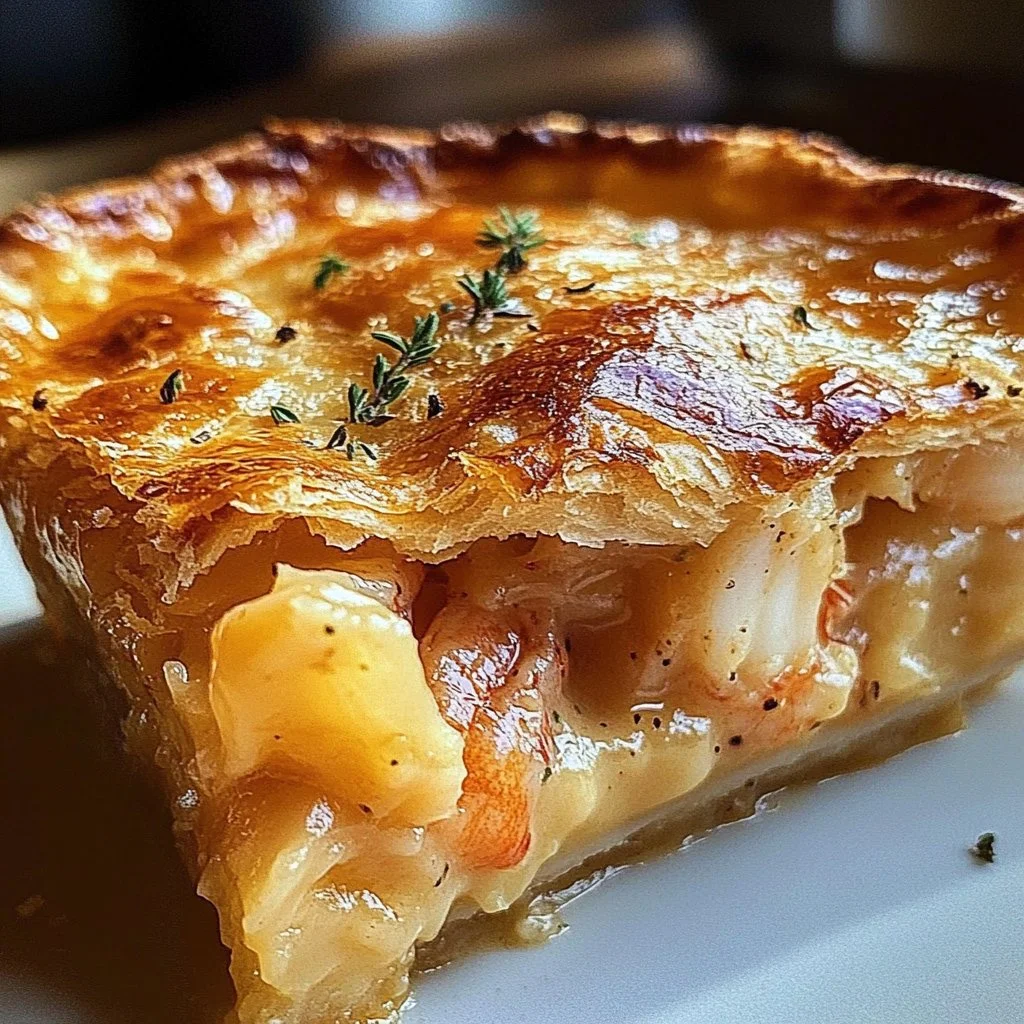 Irresistible lobster pie fresh out of the oven, served in a pie dish.
