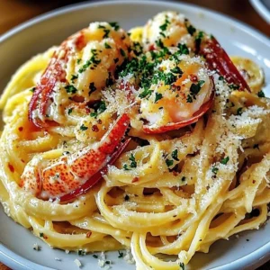 Plate of Lobster Scampi Linguini garnished with herbs and lemon.