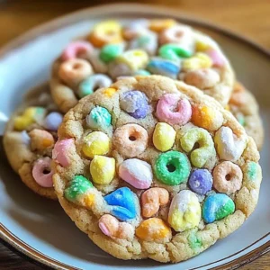 Deliciously baked Lucky Charms Cookies topped with colorful marshmallows.