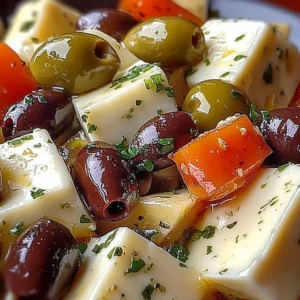 Delicious marinated cheese and olives platter for appetizers.