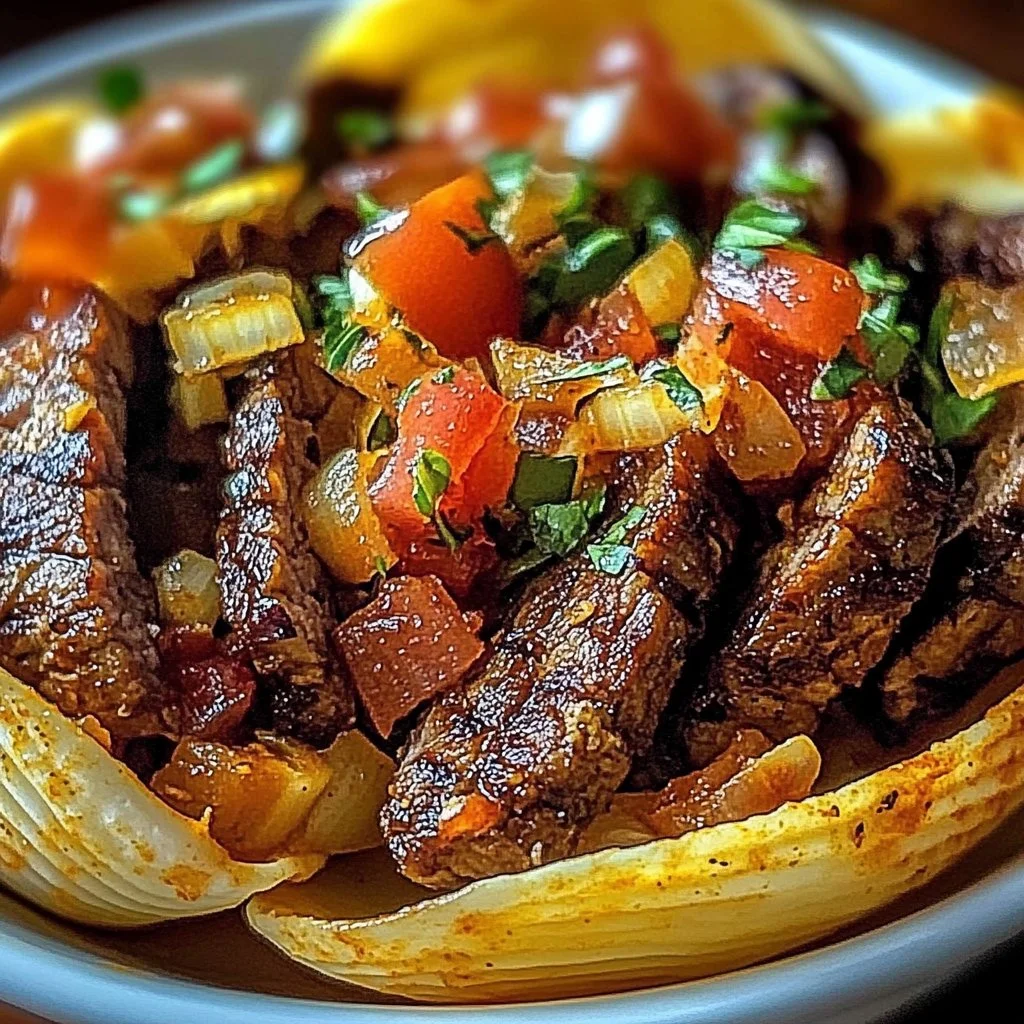 Delicious paprika steak shells served on a plate with fresh herbs.