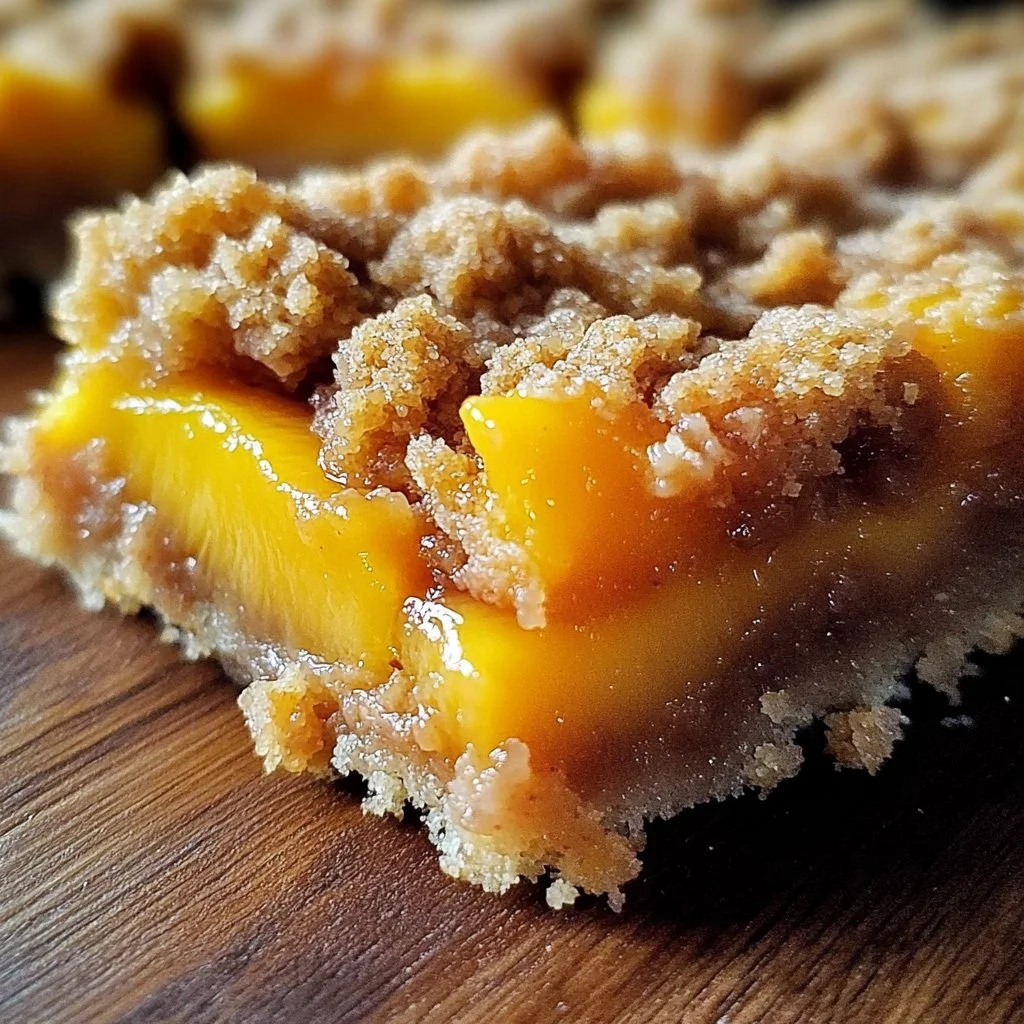 Delicious peach crumble bars with a golden, crispy topping.