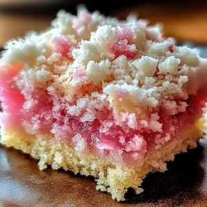 Pink coconut snowball cake bars topped with shredded coconut and a creamy frosting.