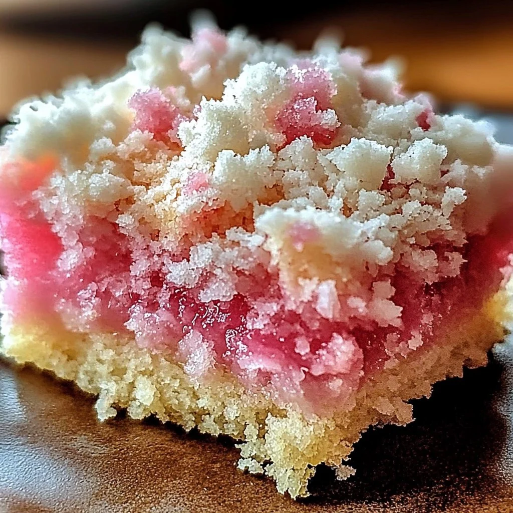 Pink coconut snowball cake bars topped with shredded coconut and a creamy frosting.