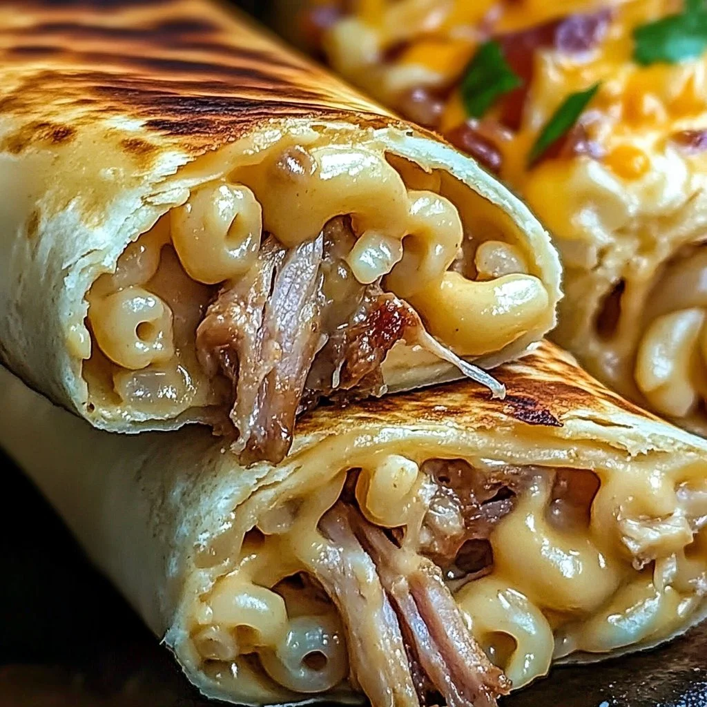 Irresistible pulled pork mac cheese wraps on a plate ready to be enjoyed