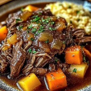 Delicious red wine pot roast on a plate with vegetables and herbs