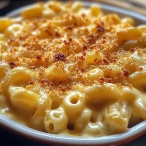 Bowl of creamy smoked gouda mac and cheese topped with breadcrumbs