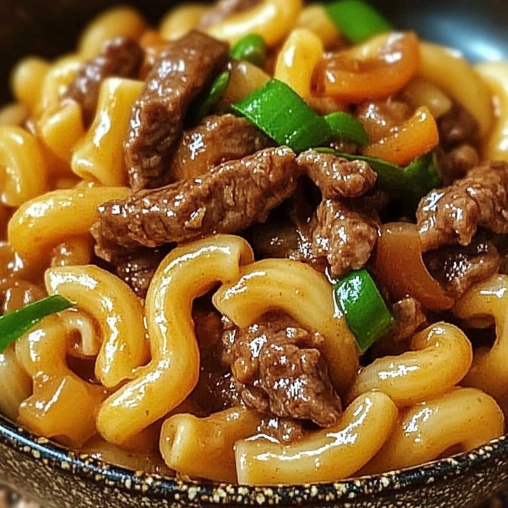Delicious Stir Fried Beef Macaroni served in a bowl with colorful vegetables.