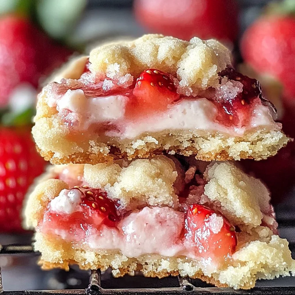 Freshly baked strawberry cheesecake cookies made from cake mix.
