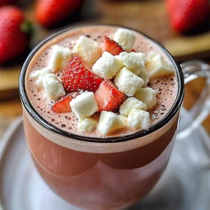 A cup of decadent strawberry hot chocolate topped with whipped cream and strawberries.