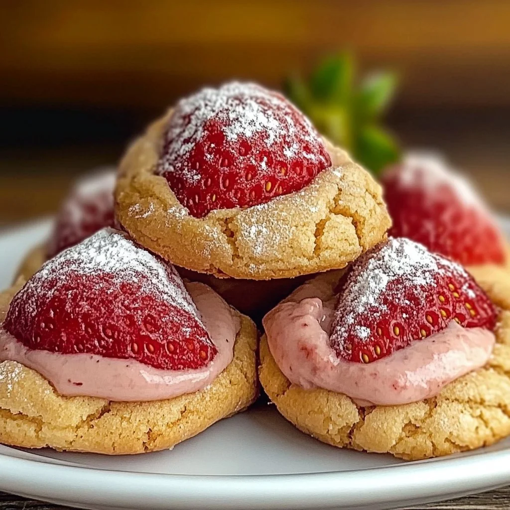 Freshly baked strawberry kiss cookies topped with chocolate kisses.