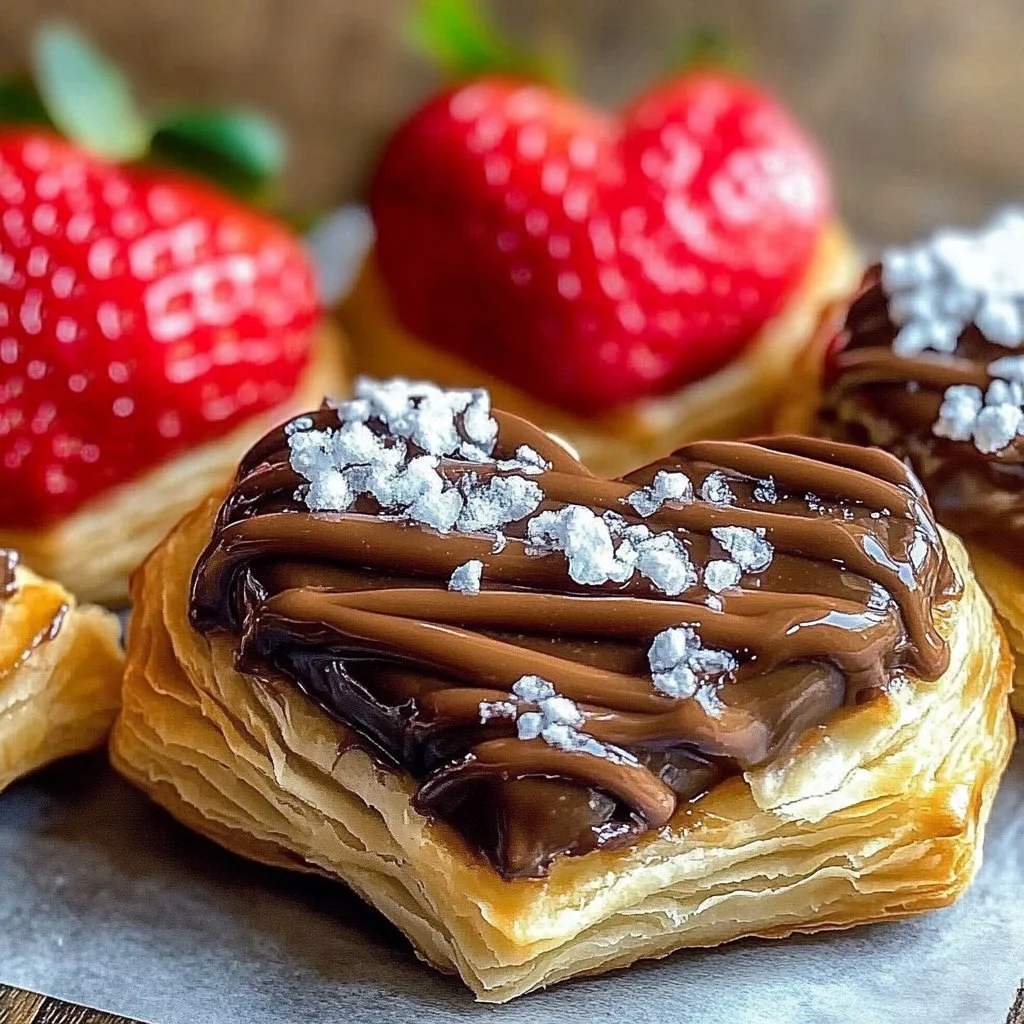 Strawberry Nutella puff pastry hearts on a plate, garnished with fresh strawberries