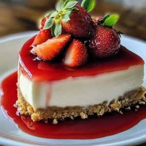 Delicious strawberry cheesecake dessert topped with fresh strawberries
