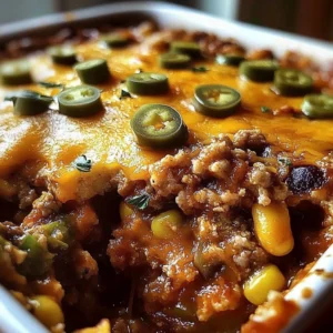 Delicious stuffed chile casserole topped with cheese and fresh herbs in a baking dish