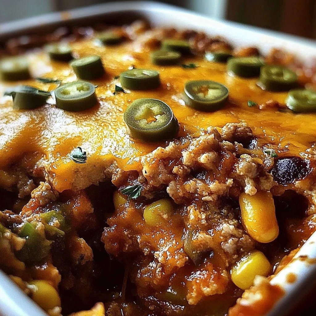 Delicious stuffed chile casserole topped with cheese and fresh herbs in a baking dish