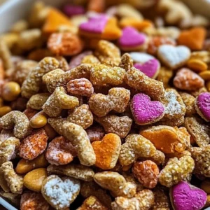 Irresistible Sweetheart Snack Mix with colorful ingredients in a bowl.