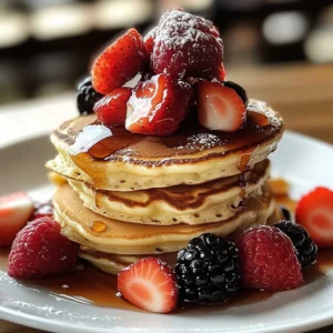 Stack of heart-shaped Valentine's Day pancakes topped with berries and syrup