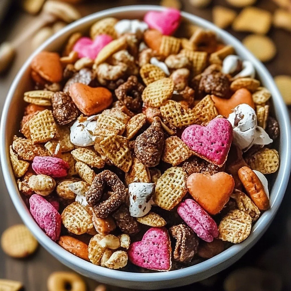 Delicious Valentine's Day Snack Mix with colorful chocolates and heart-shaped treats.