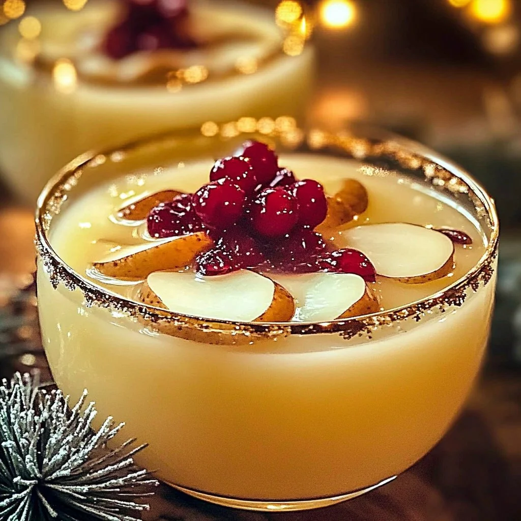 Festive White Christmas Punch in a glass with holiday decorations.