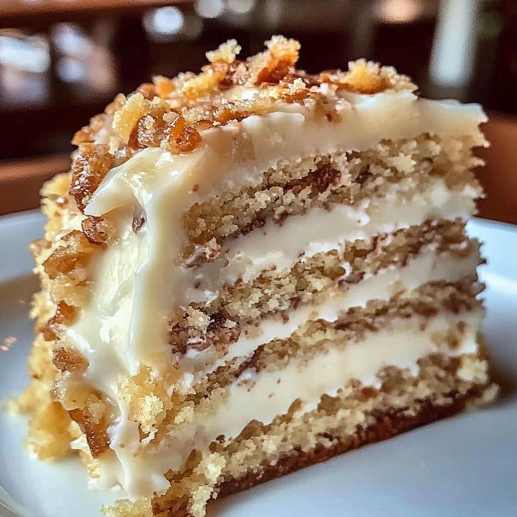 Slice of irresistible White German Chocolate Cake with coconut and pecan frosting
