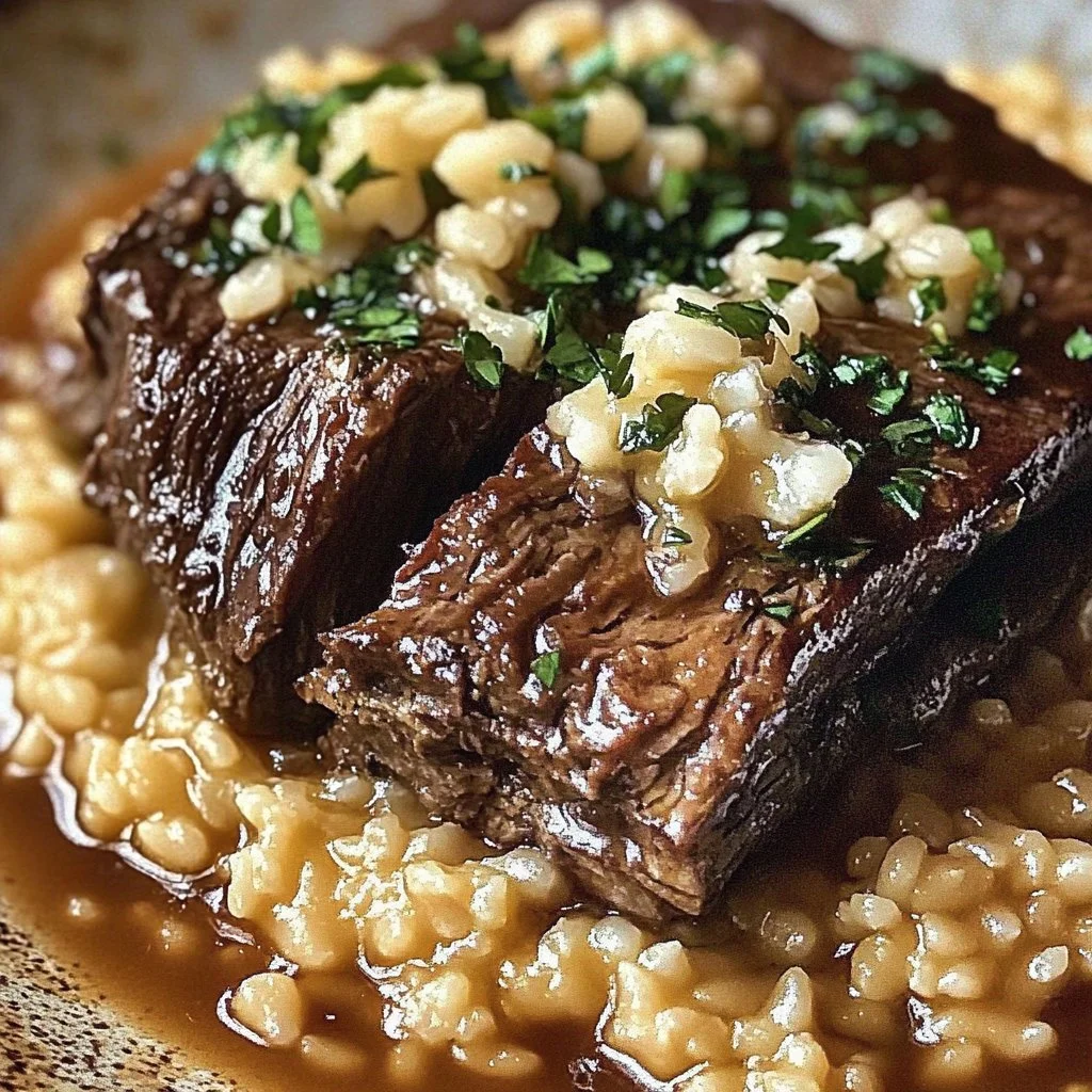 Delicious Italian pot roast served with creamy risotto on a plate