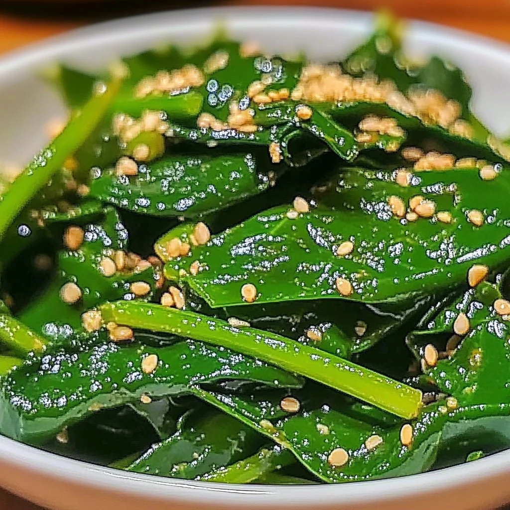 Korean Spinach Salad (Sigeumchi Namul) served in a bowl with sesame seeds.