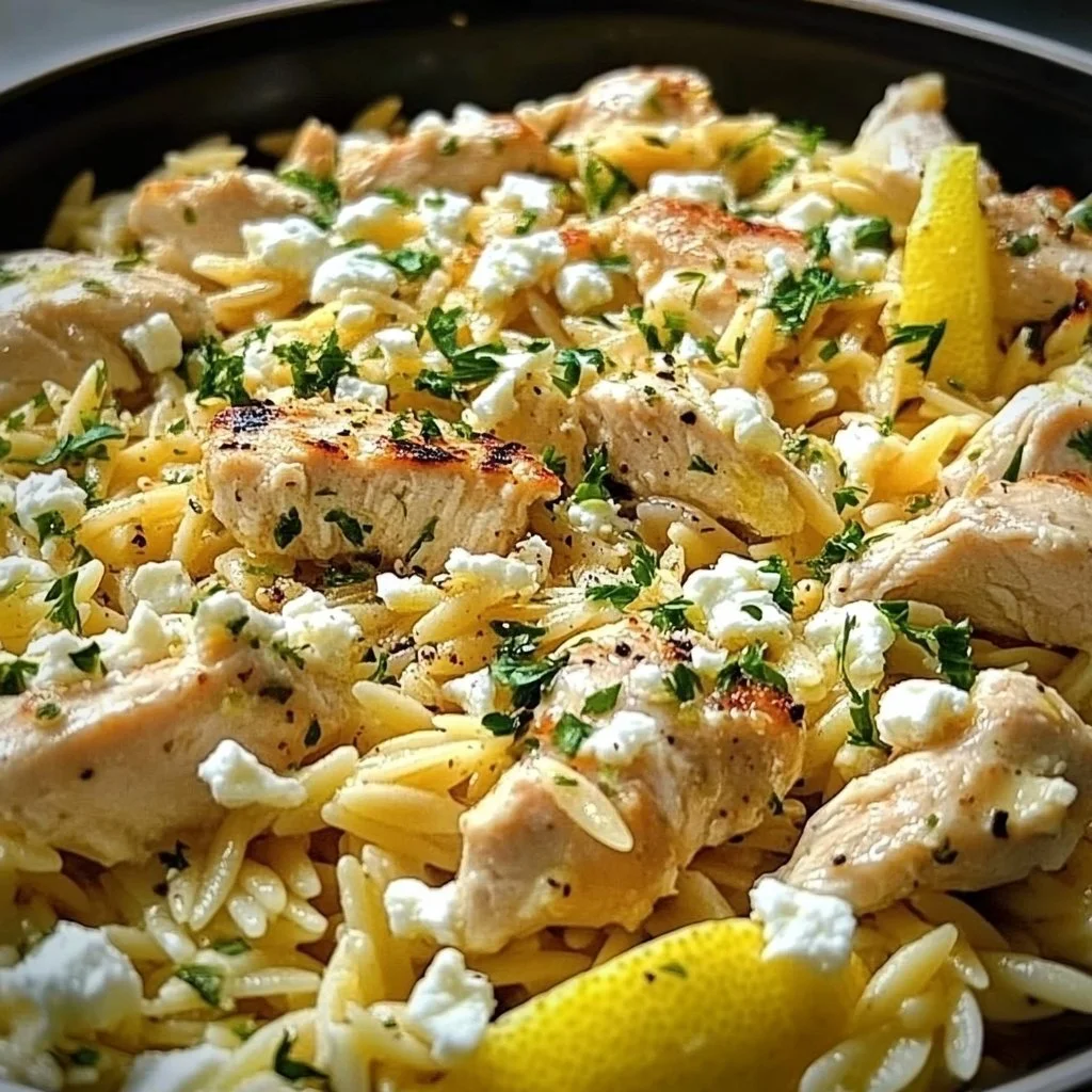 Lemon Feta Chicken Orzo dish garnished with herbs and lemon slices