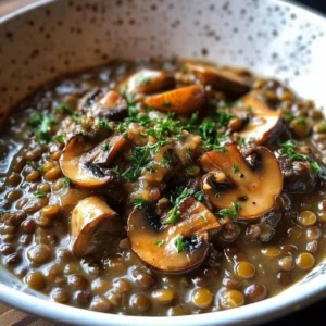 Delicious Lentil Mushroom Stroganoff served with fresh herbs on a rustic table.