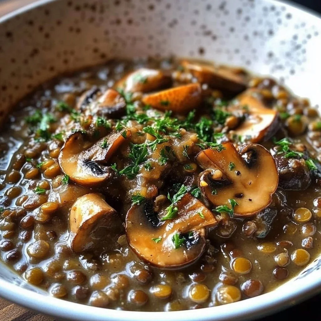 Delicious Lentil Mushroom Stroganoff served with fresh herbs on a rustic table.