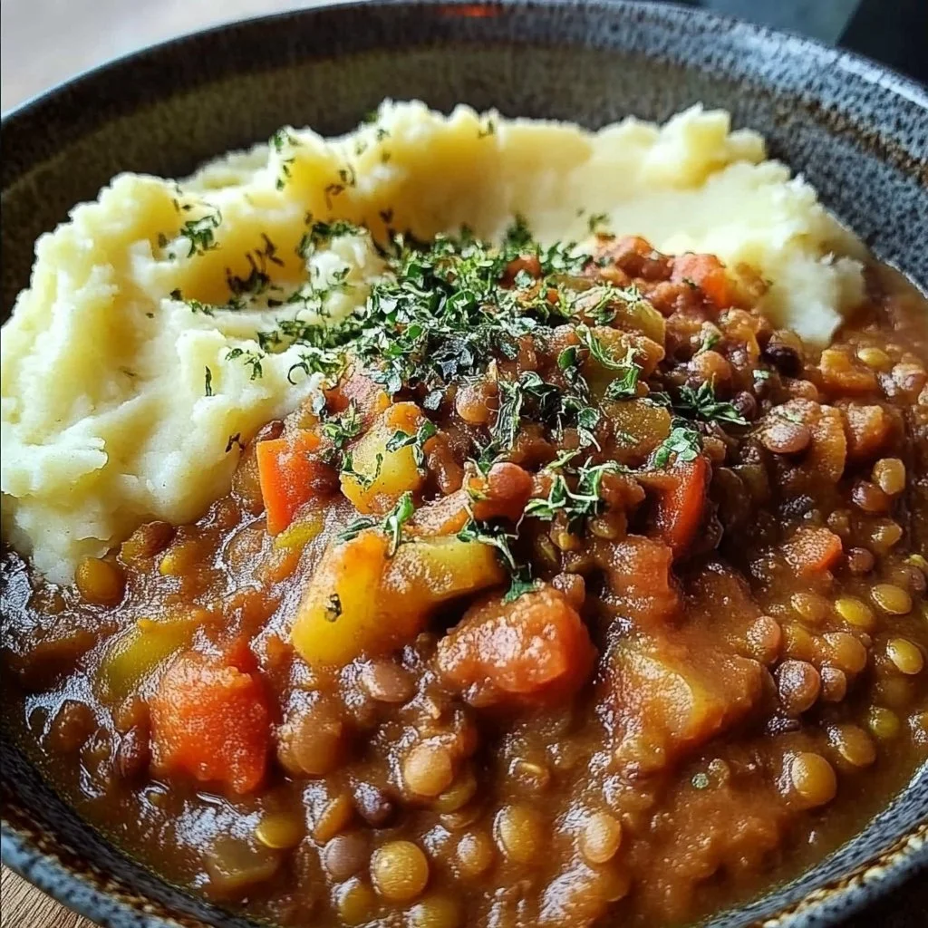 Lentil stew with mashed potatoes served in a rustic bowl for a comforting meal.