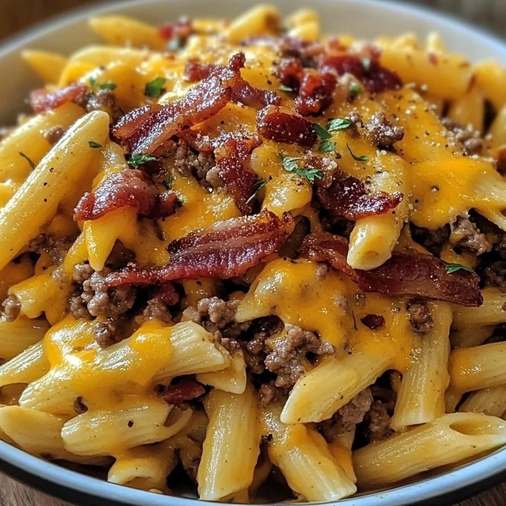 Delicious loaded bacon cheeseburger pasta served in a bowl
