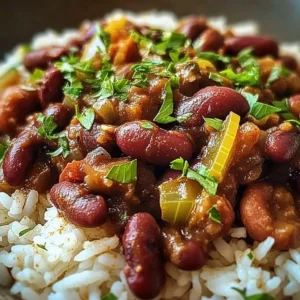 Delicious bowl of Louisiana red beans and rice served with a side of cornbread