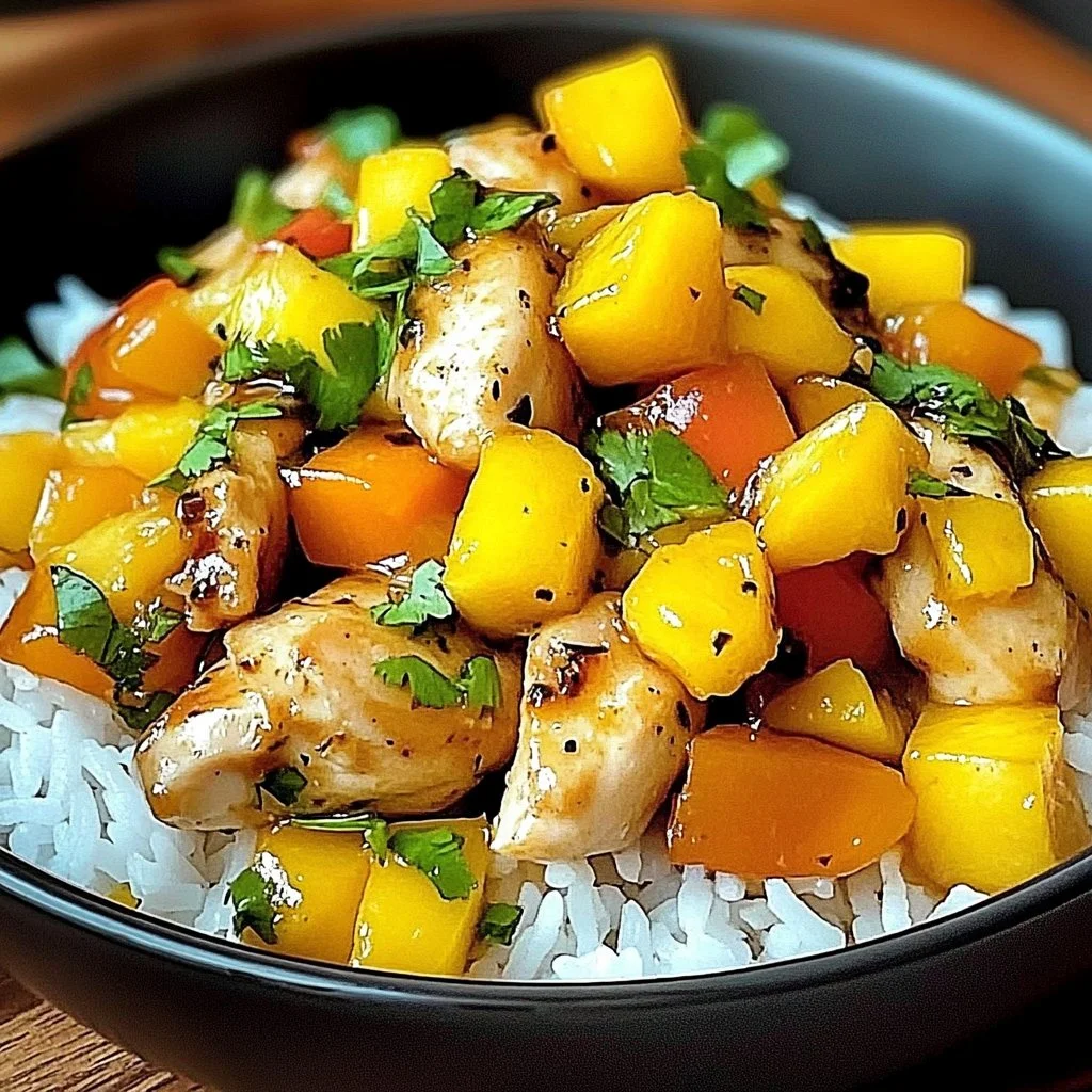 A plate of mango chicken served with rice and garnished with fresh herbs