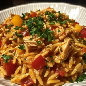 Delicious bowl of ground chicken orzo served with herbs and vegetables