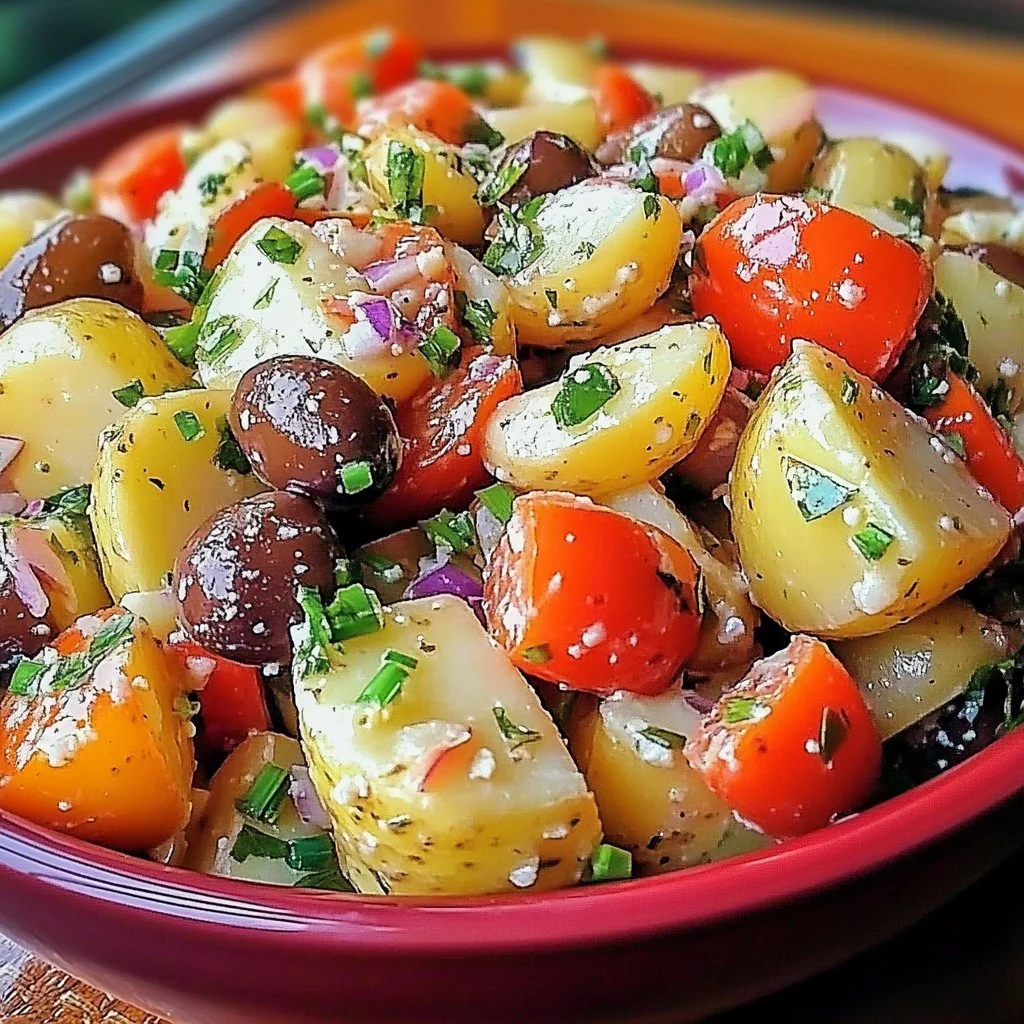 Colorful Mediterranean Potato Salad with fresh ingredients and herbs