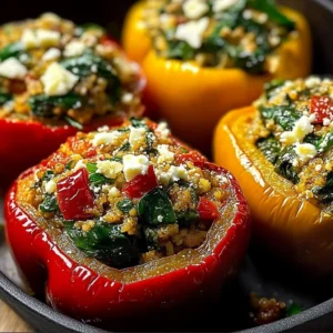 Mediterranean spinach feta stuffed peppers on a plate garnished with herbs