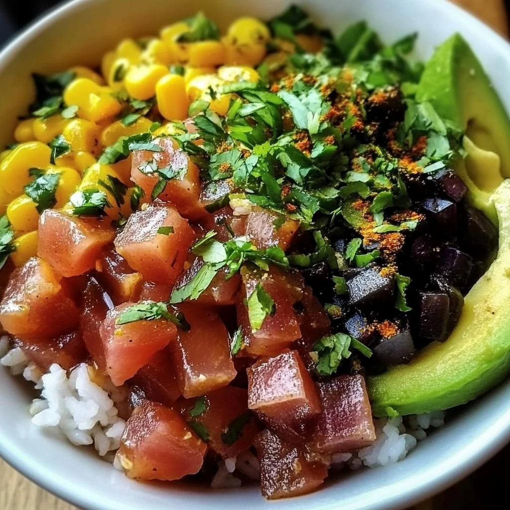 Colorful Mexican Poke Bowl with fresh ingredients and toppings