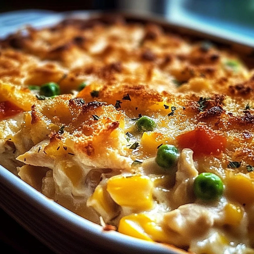 Delicious Million Dollar Chicken Casserole topped with cheese and herbs