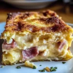 Monte Cristo Breakfast Casserole with cheese and ham baked to perfection.