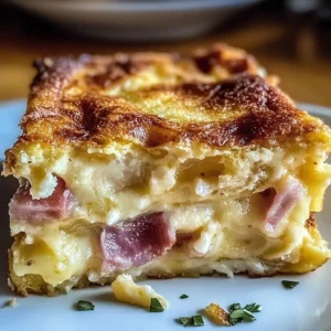 Monte Cristo Breakfast Casserole with cheese and ham baked to perfection.