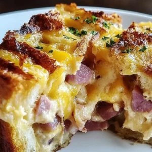 Monte Cristo Breakfast Casserole with layers of ham, cheese, and egg