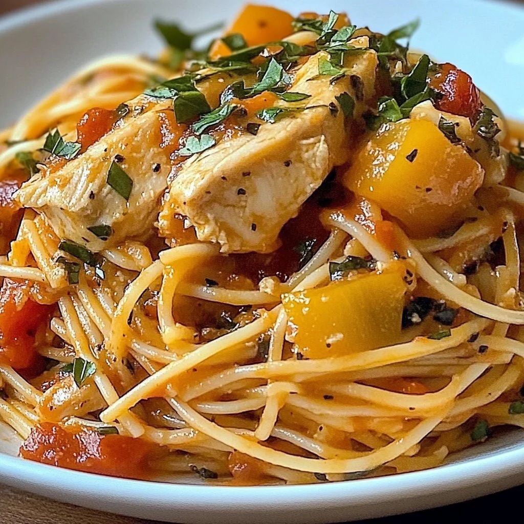 Delicious plate of Monterey Chicken Spaghetti with chicken, pasta, and rich sauce.