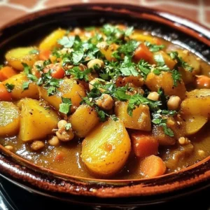 Bowl of Moroccan potato stew garnished with fresh herbs and spices